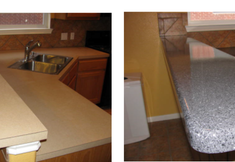 Almond Formica Kitchen Counter Resurfaced to Granite Stone Fleck