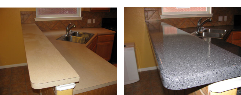 Almond Formica Kitchen Counter Resurfaced to Granite Stone Fleck