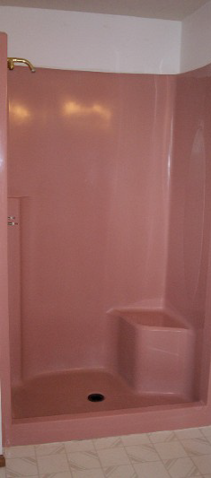 Pink One Piece Fiberglass Shower Refinished to White
