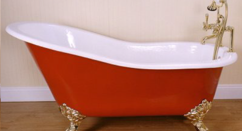 Red and White Antique Claw Foot Bathtub